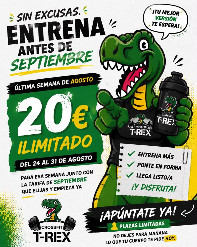 Cartel de la oferta: 20 euros ilimitado del 24 al 31 de agosto en CrossFit T-Rex Fuenlabrada